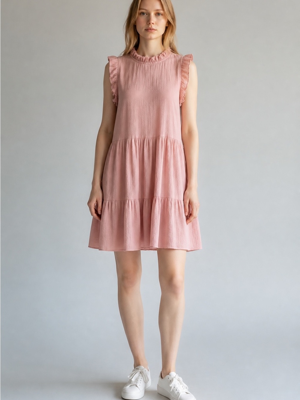 204 mine Ruffled High-Neck Tiered Mini Dress - Soft Pink